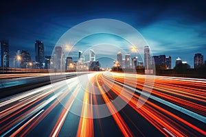 Long exposure high speed traffic light trails over a highway, Motorway and Junction in big city. High speed motion blur, light