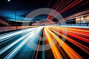 Long exposure high speed traffic light trails over a highway, Motorway and Junction in big city. High speed motion blur, light