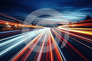 Long exposure high speed traffic light trails over a highway, Motorway and Junction in big city. High speed motion blur, light