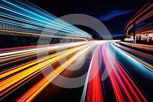 Long exposure high speed traffic light trails over a highway, Motorway and Junction in big city. High speed motion blur, light