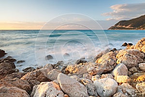 Long exposure image on the rocky beach, Lefkada Islands, Greece