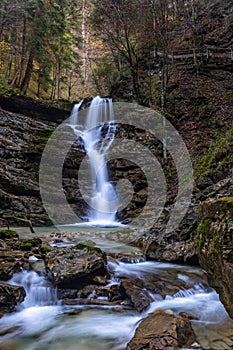 Long Exposure of Jenbach Waterfall in Jenbachtal in Bavaria, Germany