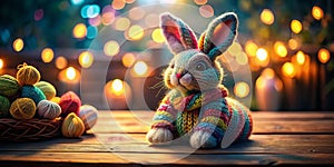 Long Exposure Knitted Easter Bunny Yarn Craft A Detailed View of a Charming HandKnitted Rabbit on a Table photo