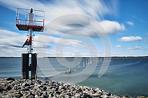 Long exposure of a lakes shore on a stormy day, creating a blurry background with a signal light to the left