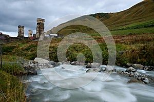 Long exposure landscape of medieval georgian mountain village Ushguli,unesco