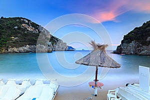 Long exposure landscape of Paleokastritsa famous sand beach in c