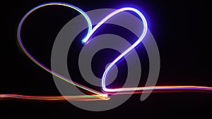 Long exposure light painting photography, abstract background, curvy lines of vibrant neon metallic against a black background photo