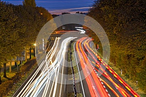 Long exposure light trails of traffic on a freeway