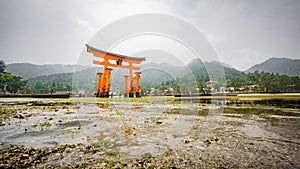 Long exposure in Miyajima, Floating Torii gate, low tide, Japan.