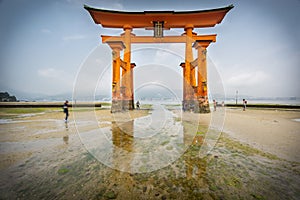 Long exposure in Miyajima, Floating Torii gate, low tide, Japan.