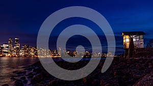 Long exposure nigh photo of skyline of Vancouver, BC