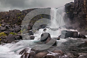 Long exposure Oxarafoss waterfall in Thingvellir national park