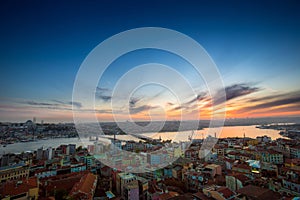 Long exposure panoramic cityscape of Istanbul at a beautiful dramatic clouds sunset from Galata to Golden Horn gulf. View