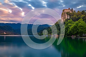 Panoramic evening view of Pilgrimage Church of the Assumption of Maria. Summer scene of lake Bled, Julian Alps, Slovenia, Europe.