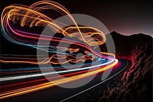 a long exposure photo of a highway with light streaks on it's side and a mountain in the background