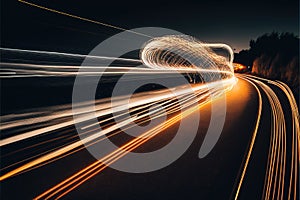 a long exposure photo of a highway at night with light streaks on the road and trees in the background