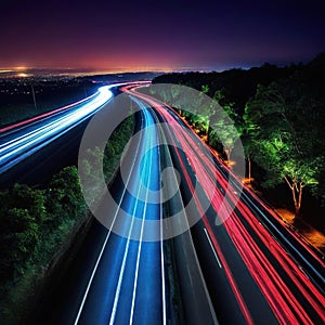 long exposure photo of highway at night with light streaks on the side of the