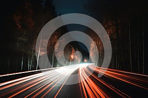 a long exposure photo of a road at night with trees in the background and light streaks on the road at the end of the road