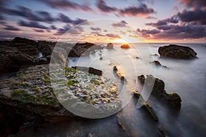 Long exposure photo at sunset at Barrika beach