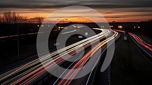 Long exposure photo of traffic on the move at dusk on the M40 motorway in England, generative ai