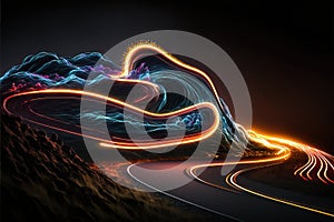 a long exposure photograph of a road with a mountain in the background and a neon light painting on the side of the road