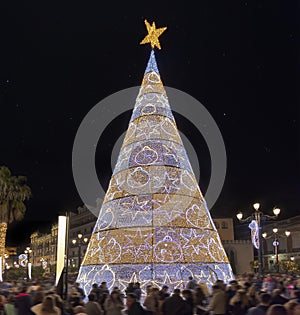 Long exposure photography of Christmas tree near Seville Cathedral of Saint Mary of the See