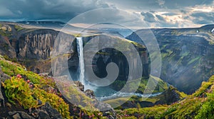 Long exposure photography, Haifoss waterfall in Iceland, high angle shot, wideangle lens, natural light