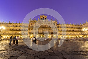 Long exposure photography of Plaza Mayor, main square, In Salamanca at beautiful sunset Spain, with lights on but decorative