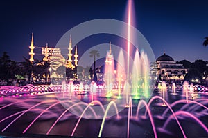 Long exposure photography at Sultanahmet Mosque with fountain in the foreground