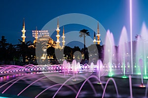 Long exposure photography at Sultanahmet Mosque with fountain in the foreground