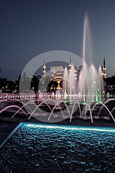 Long exposure photography at Sultanahmet Mosque with fountain in the foreground