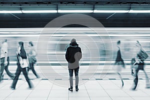 Long exposure picture with lonely man at subway station with blurry moving train and walking people