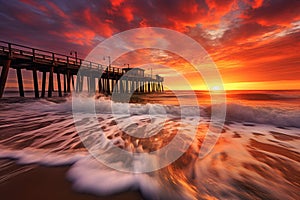 Long exposure of the pier at sunrise in Huntington Beach, California, long tall pier at sunset, small waves rolling in, AI