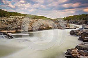 Long exposure of rapids in the Potomac River at sunset, at Great