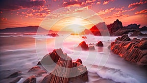 Long exposure of the rocks in the sea at sunset, Sardinia, Beautiful seascape at sunset captured through a long exposure shot