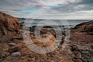 Long exposure of rocky New England coastline