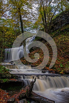 Long exposure of the Scaleber Force waterfall flowing down a beautiful hill in United Kingdom