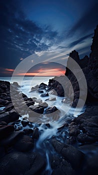 Long exposure seascape with rocks and water splashes at sunset