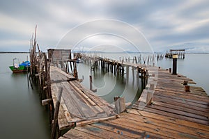Long exposure seascape. View 2.  Palafitic pier in Carrasqueira. Comporta. Portugal