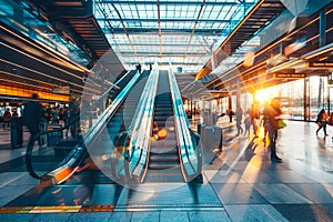 Long exposure shot of airport or railway station, blured people with suitcases