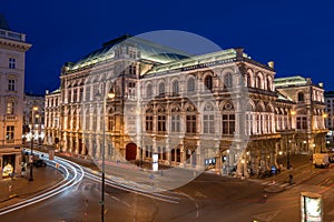 Long exposure shot of Austiran National State Opera Staatsoper with lights in the night