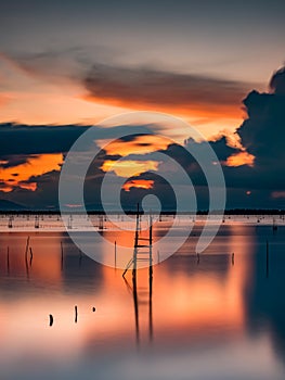 long exposure shot of a beautiful sunset at lake