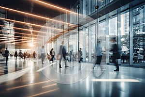 Long exposure shot of business people waking on a modern office building