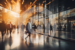 Long exposure shot of business people waking on a modern office building