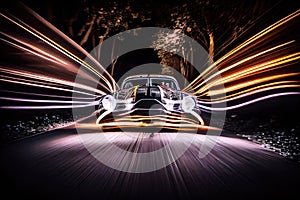 long-exposure shot of car at night, with headlights, taillights and other lights creating a hypnotic effect