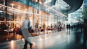 Long exposure shot of crowd of business people walking in bright office. Generative AI