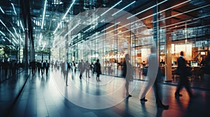 Long exposure shot of crowd of business people walking in bright office. Generative AI