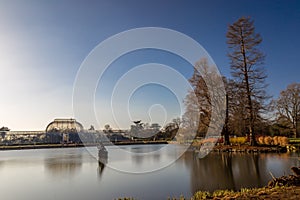 Long exposure shot of fountain and pavilion in Kew Gardens, London