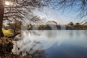 Long exposure shot of fountain and pavilion in Kew Gardens, London