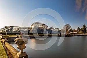 Long exposure shot of fountain and pavilion in Kew Gardens, London